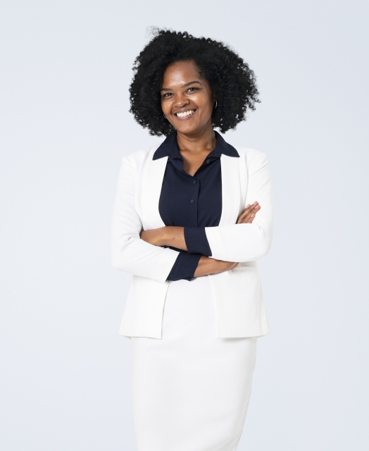 Cheerful African businesswoman full body portrait for jobs and career campaign